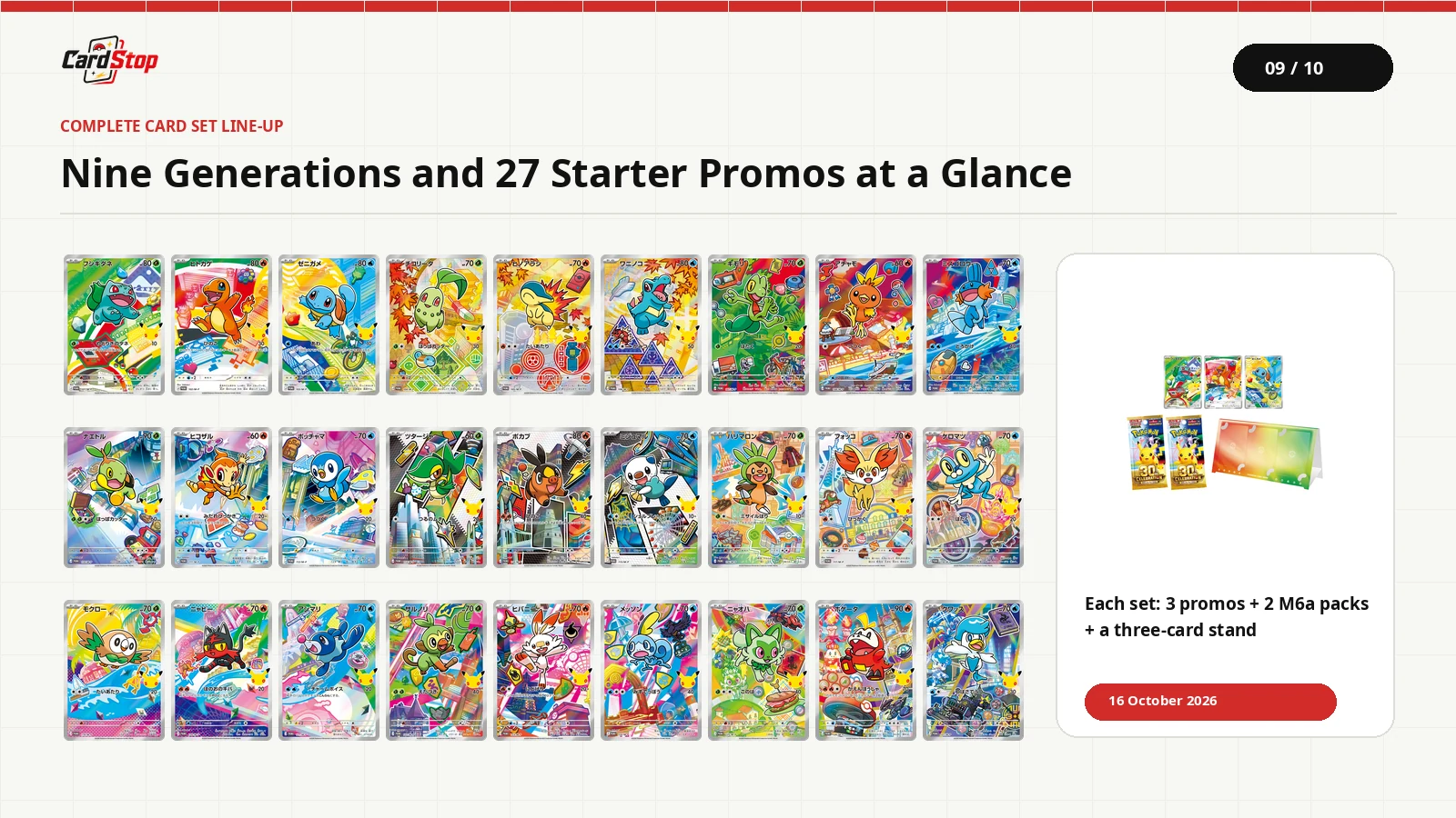 All 27 starter promos across nine generations, with the correct Card Set product image.